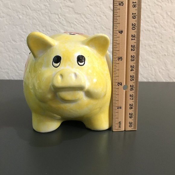 Piggy Bank Yellow Ceramic With butterfly Collectable - Picture 6 of 8